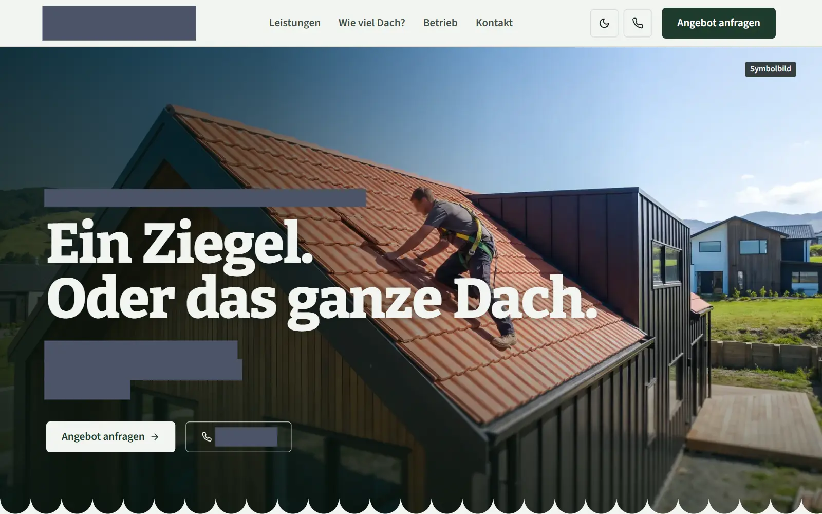 Beispiel einer Vorschau: Startseite einer Dachdecker-Website mit der Überschrift „Ein Ziegel. Oder das ganze Dach.“, Name, Ort und Telefonnummer grau abgedeckt
