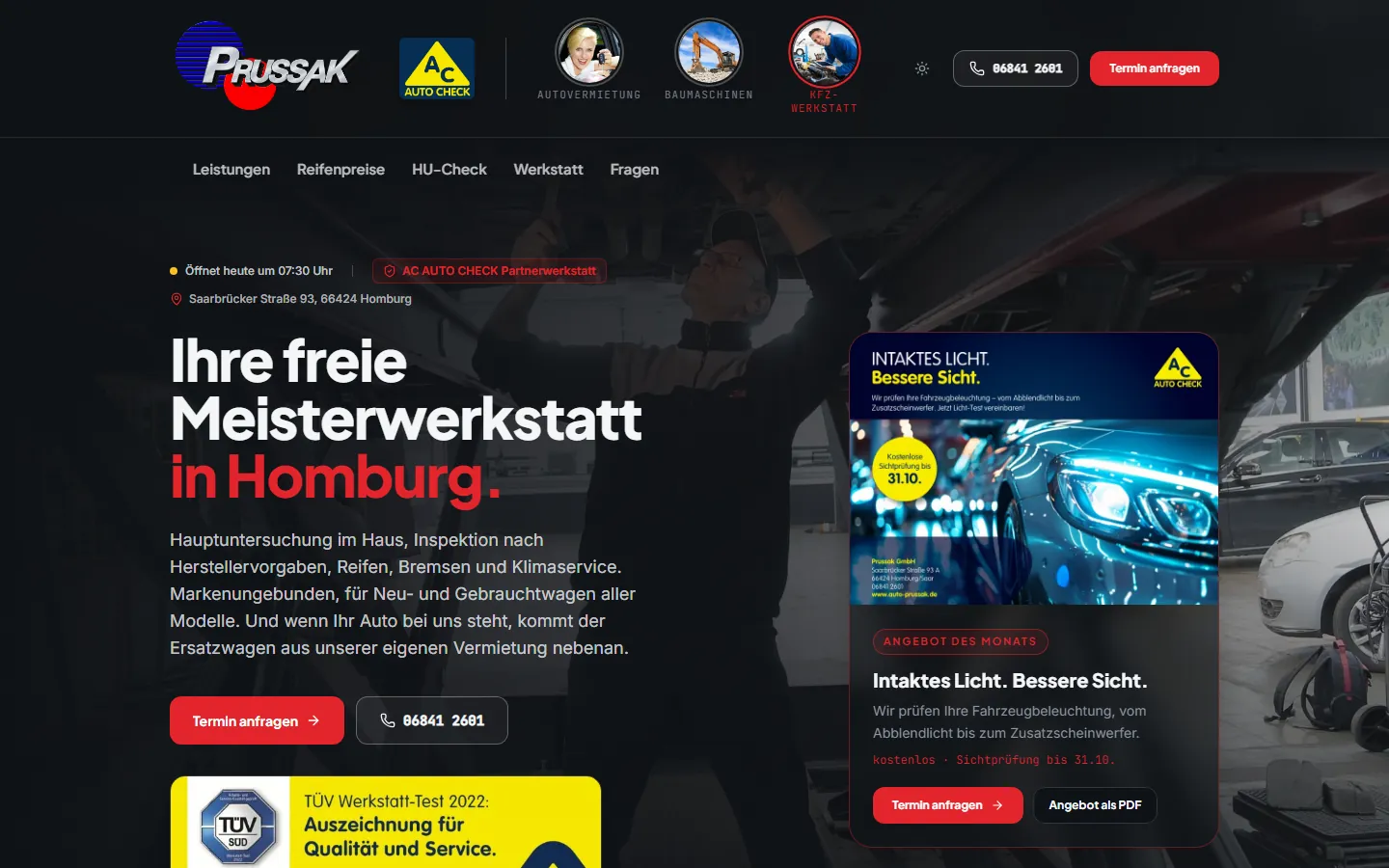 Startseite von auto-prussak.de mit der Überschrift „Ihre freie Meisterwerkstatt in Homburg.“, Knöpfen für Termin und Anruf und dem Angebot des Monats