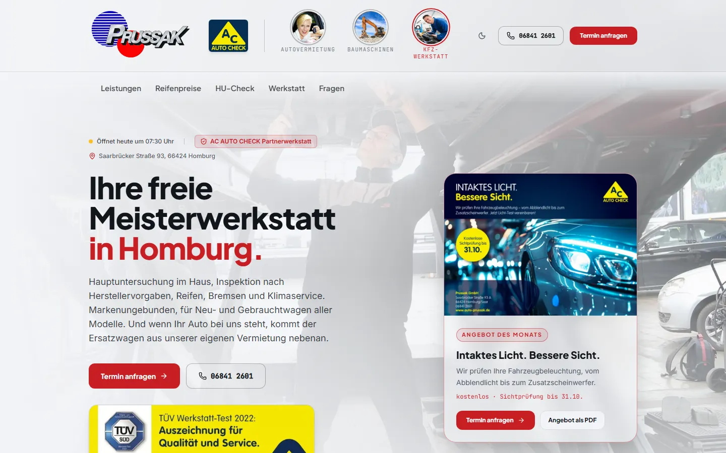 Startseite von auto-prussak.de mit der Überschrift „Ihre freie Meisterwerkstatt in Homburg.“, Knöpfen für Termin und Anruf und dem Angebot des Monats